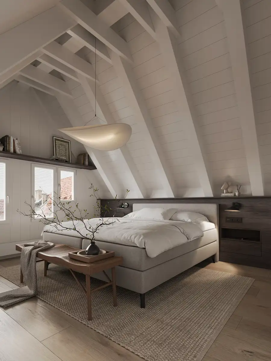 Camera con letto, scrivania e soffitto in legno chiaro