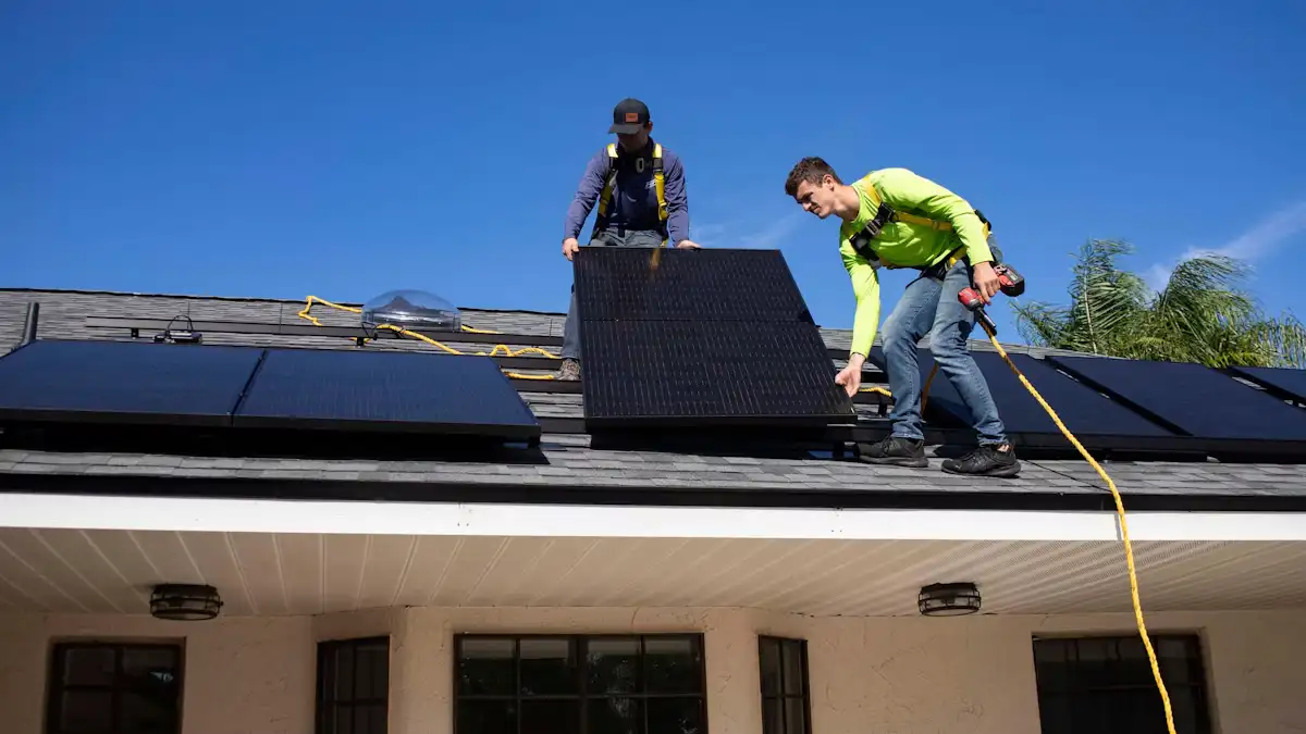 Due installatori posano un modulo fotovoltaico su una copertura